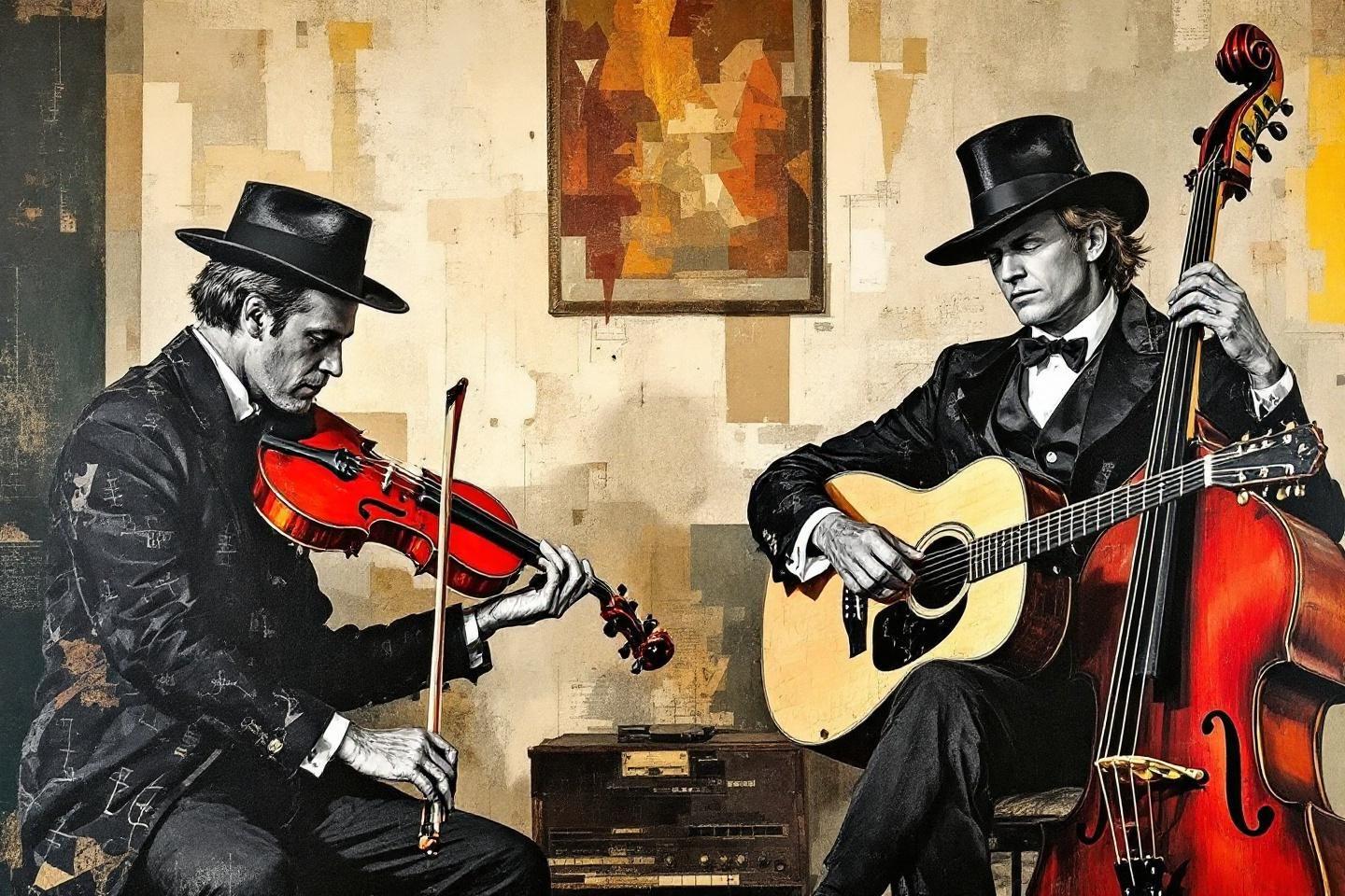 Deux musiciens élégants avec violon et guitare dans un décor vintage