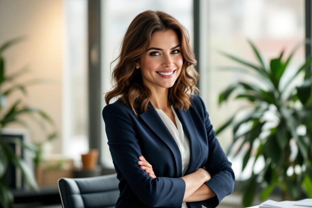 Femme d'affaires confiante dans un bureau moderne avec plantes vertes