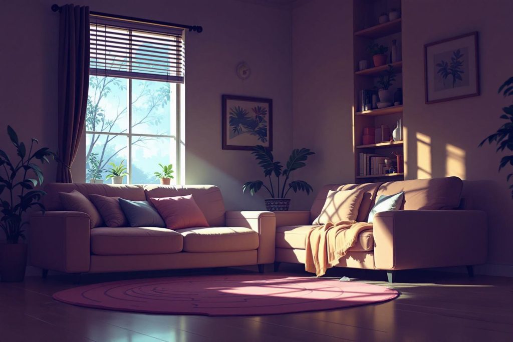 Intérieur confortable avec canapé et plantes, baigné de lumière