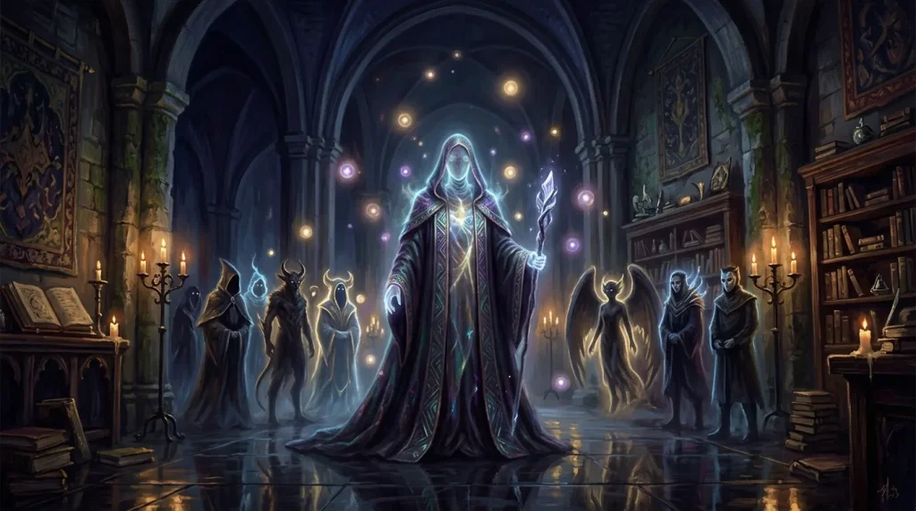 Sorcière entourée de créatures magiques dans une cathédrale gothique illuminée
