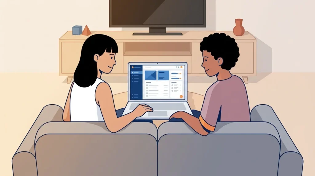 Deux personnes consultent ensemble un laptop affichant des données