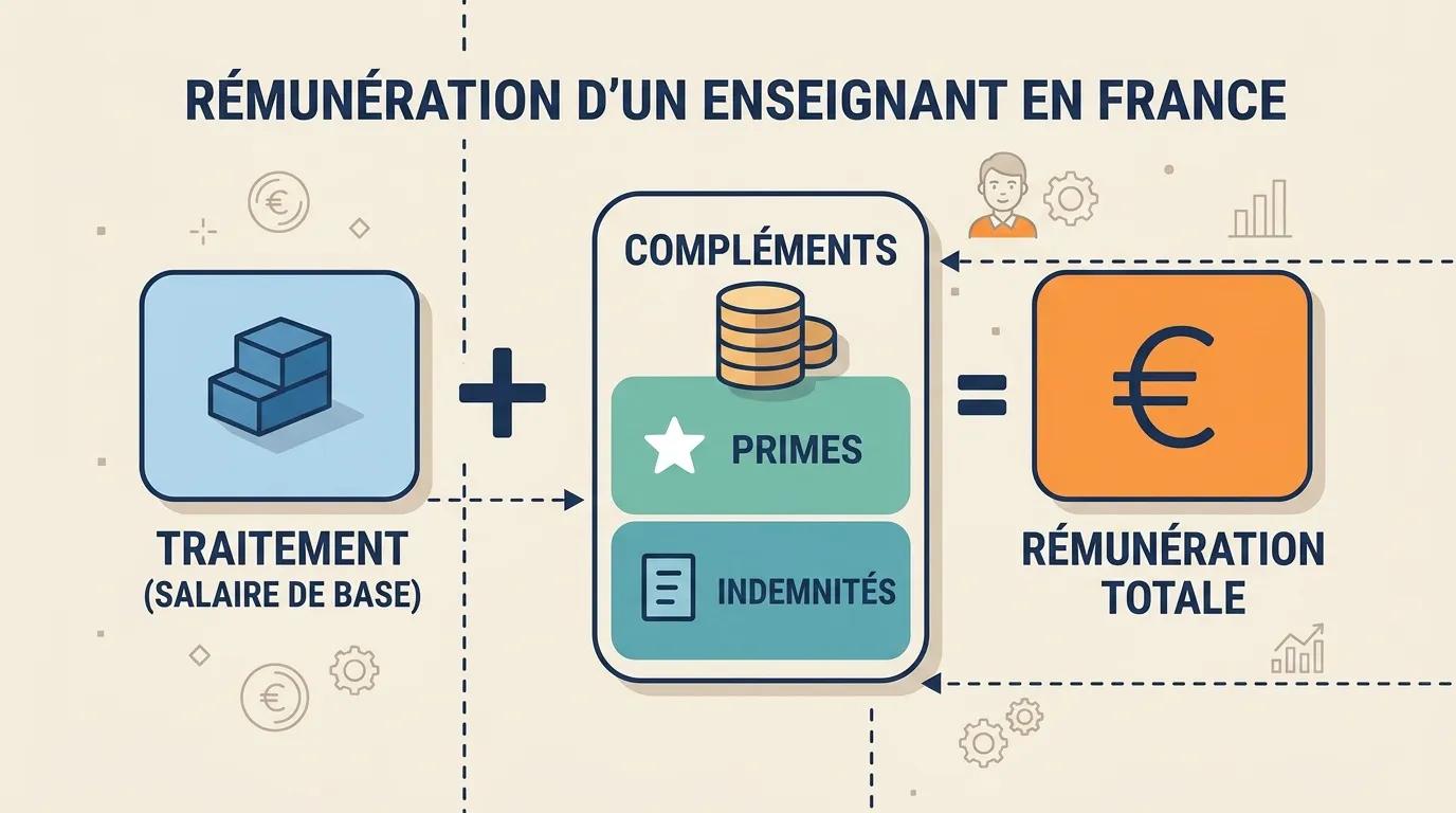 Schéma montrant traitement de base plus compléments égale rémunération totale.