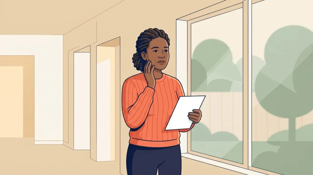 Femme en orange tenant une tablette, regardant par la fenêtre