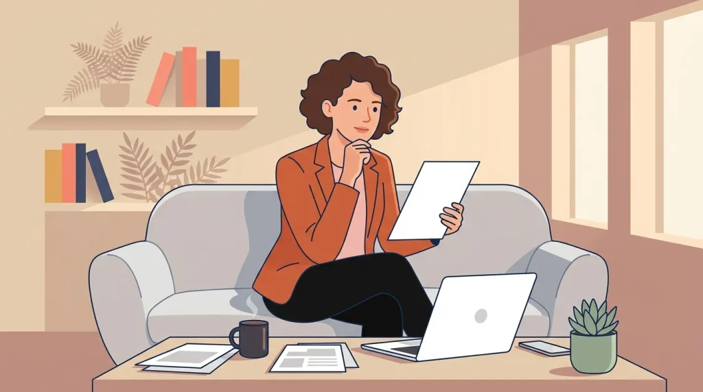 Femme en costume orange travaillant sur documents et ordinateur portable