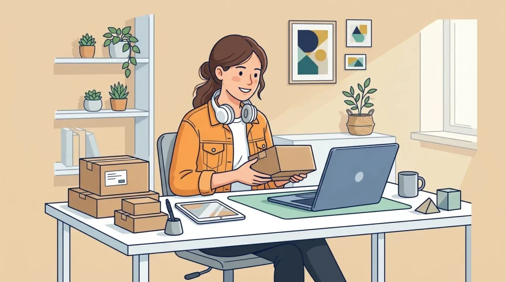 Femme souriante au bureau avec laptop et cartons de livraison