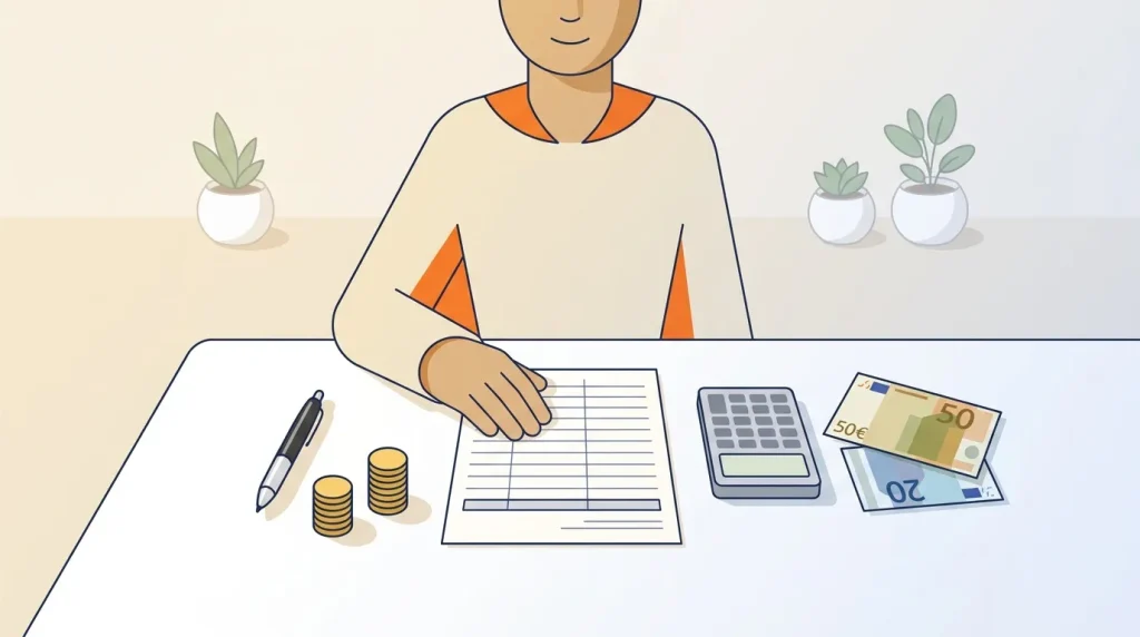 Personne gérant son budget avec documents, monnaie et calculatrice