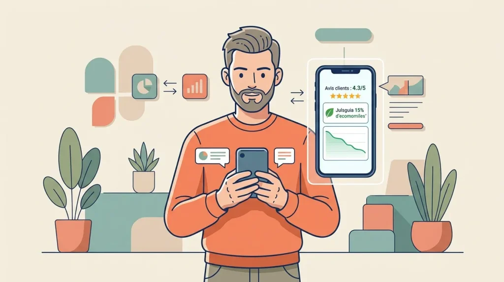 Homme consultant son téléphone avec statistiques et avis clients
