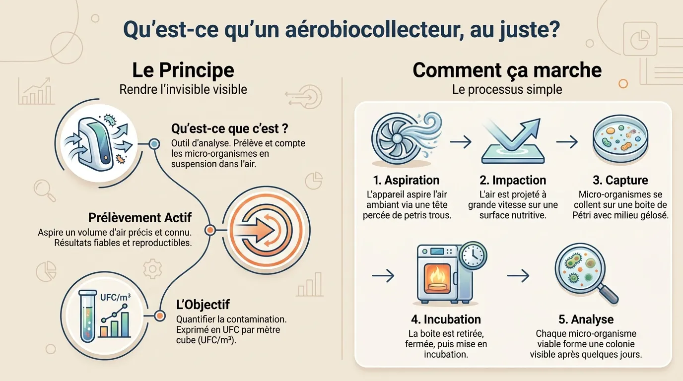 Infographie expliquant le fonctionnement et processus d'un aérobiocollecteur