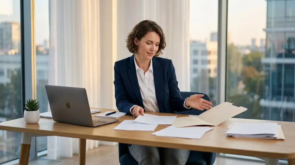 Femme d'affaires au bureau avec ordinateur portable et documents