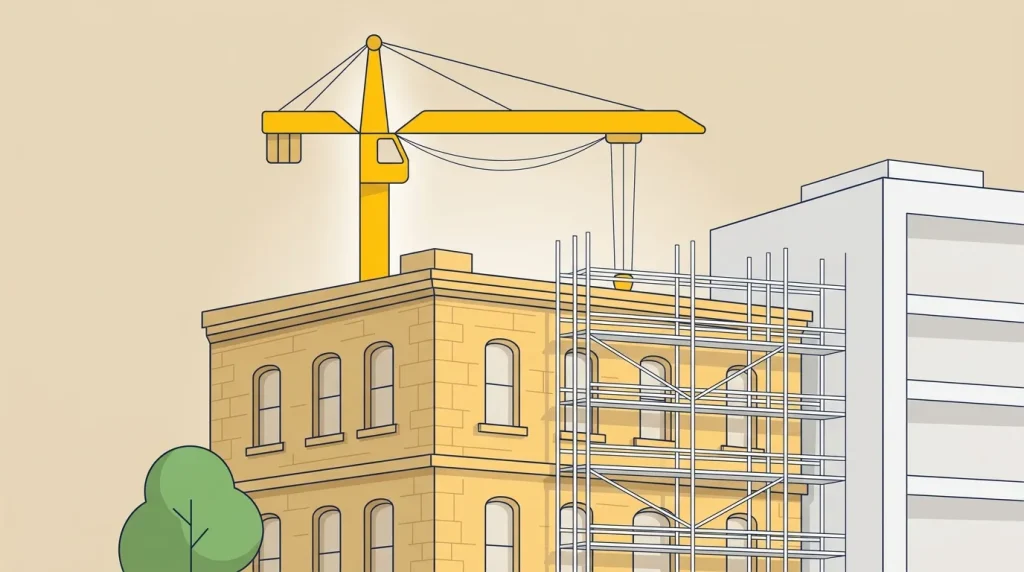 Chantier de construction avec grue et échafaudages sur immeuble ancien