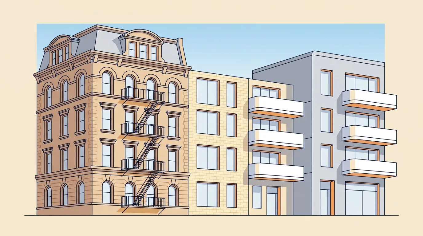 Trois bâtiments montrant l'évolution architecturale du classique au moderne