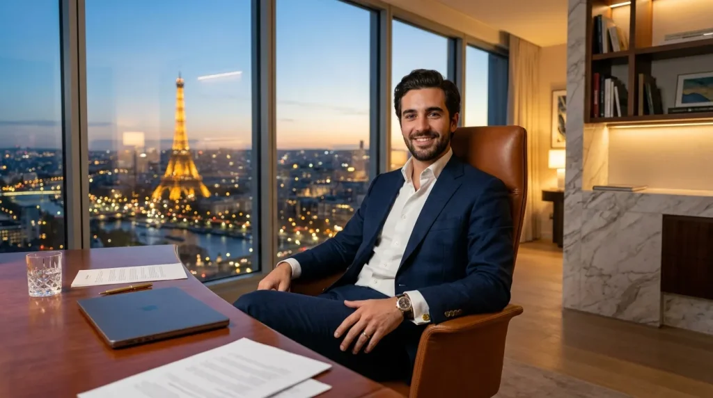 Homme d'affaires souriant à son bureau avec vue sur la Tour Eiffel illuminée