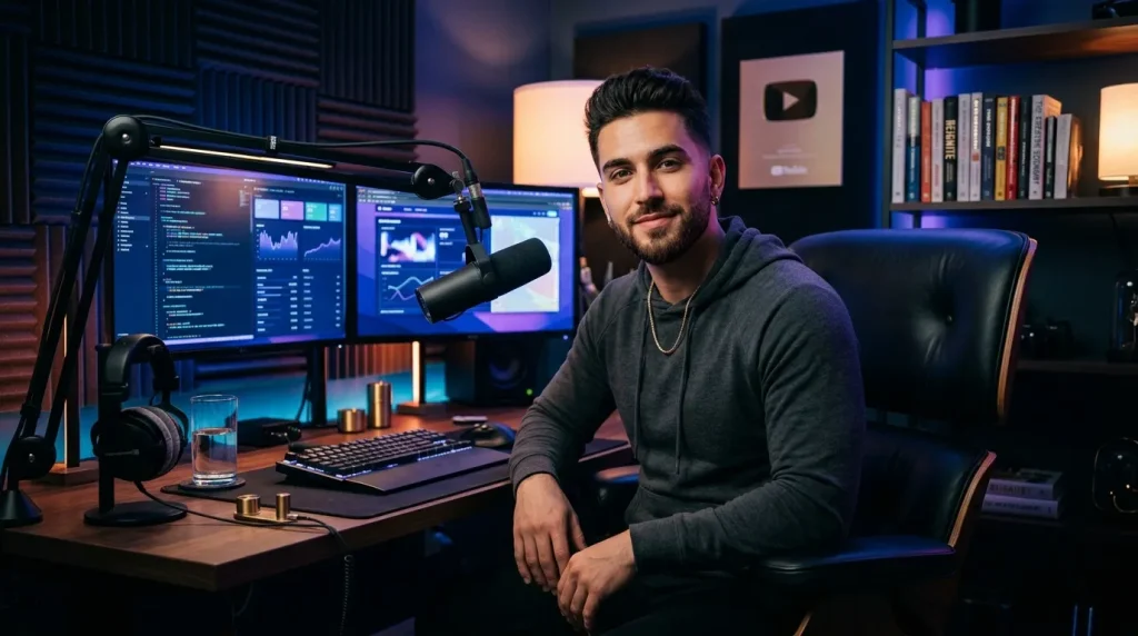 Homme dans studio avec microphone, moniteurs et équipement professionnel