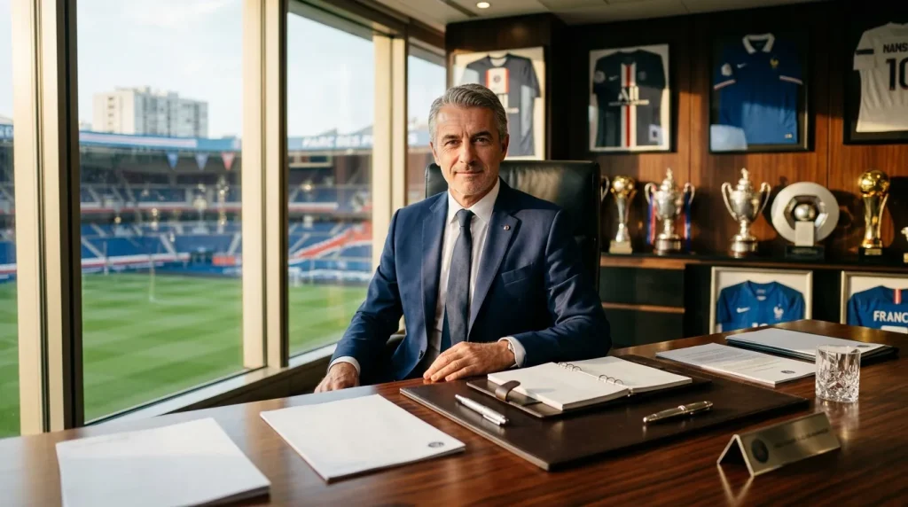 Homme en costume dans bureau avec trophées et vue sur stade