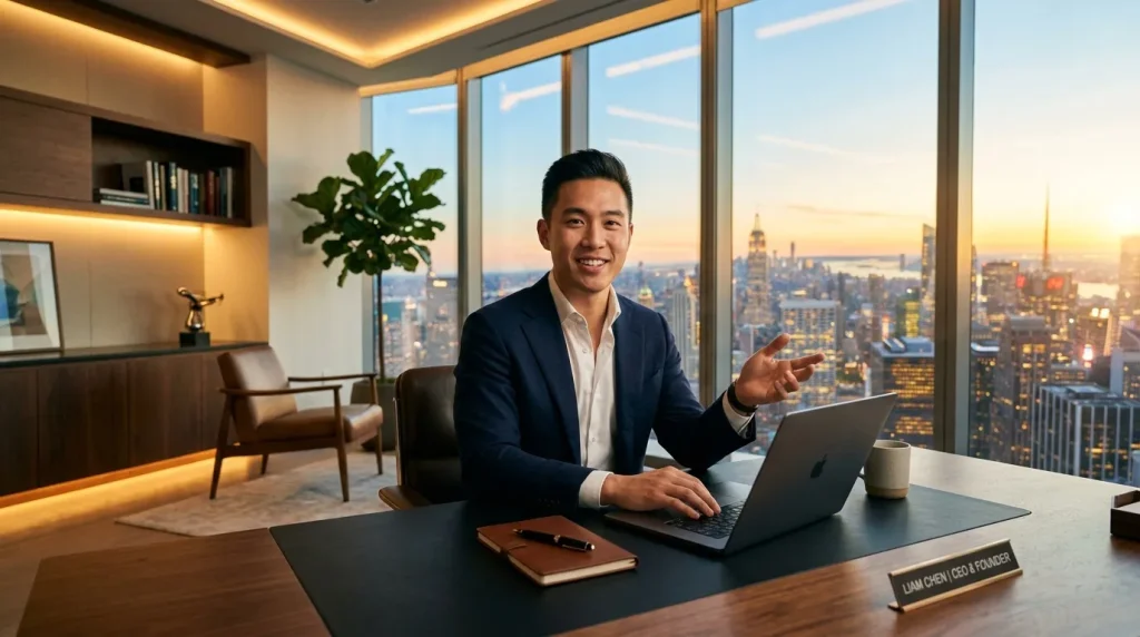 Homme d'affaires souriante travaillant sur laptop, vue New York