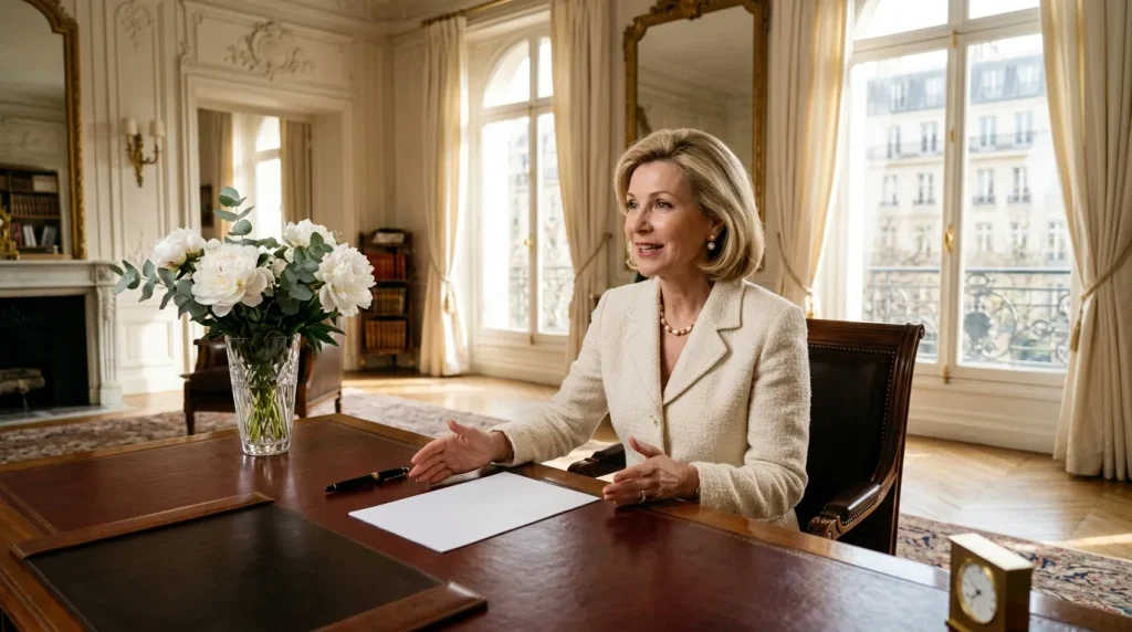 Femme en tailleur beige assise à son bureau dans un bureau parisien luxueux