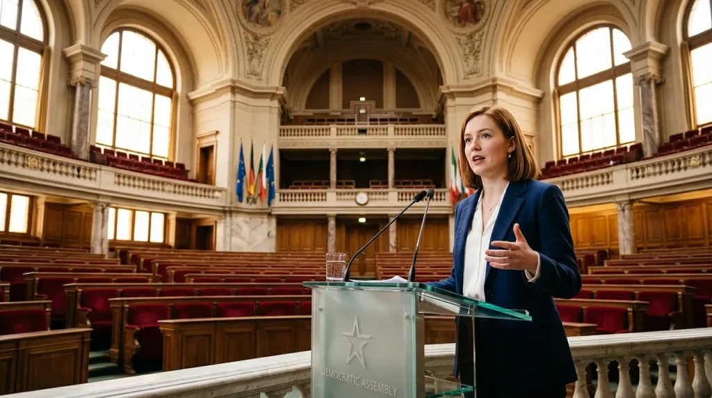 Femme en costume bleu parlant au pupitre d'assemblée démocratique