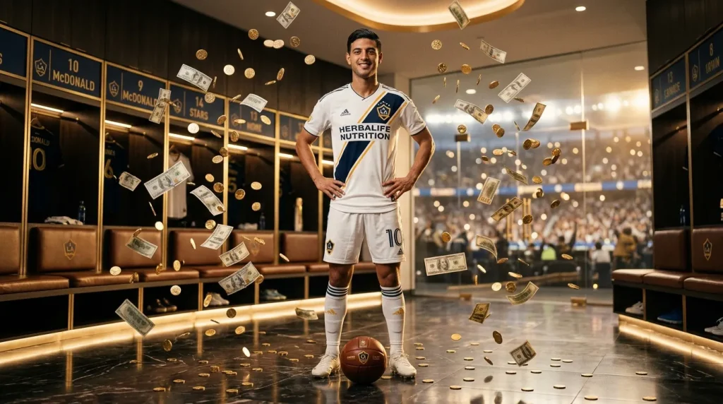 Joueur en tenue blanche entouré d'argent et de pièces