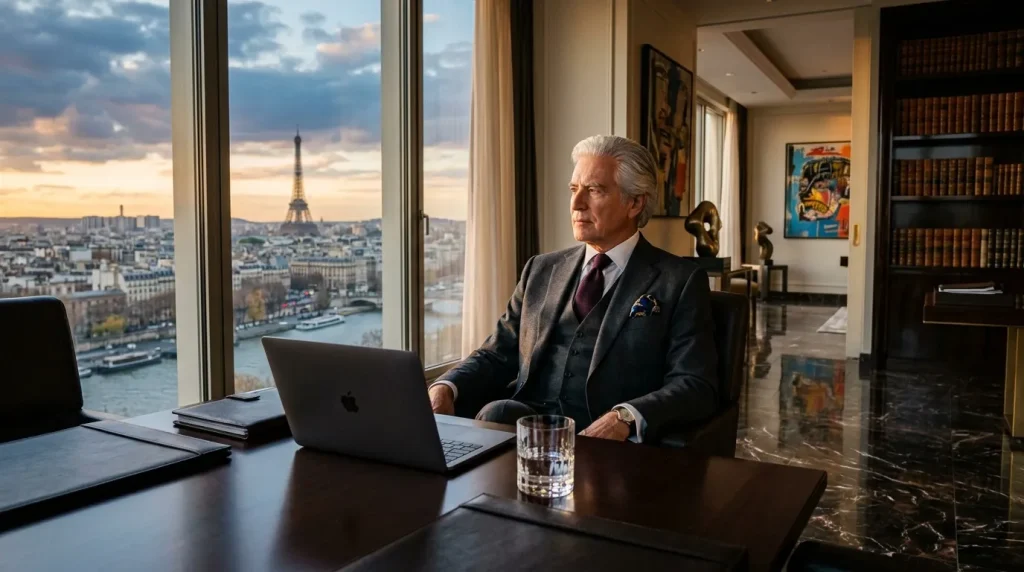 Homme en costume travaillant sur laptop, vue Eiffel