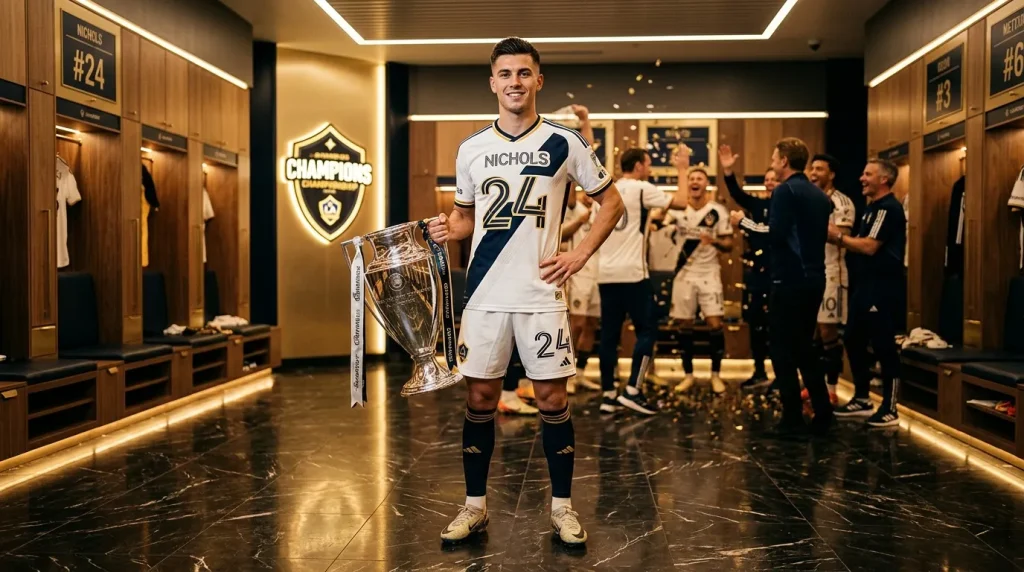 Joueur Nichols #24 tenant le trophée dans le vestiaire