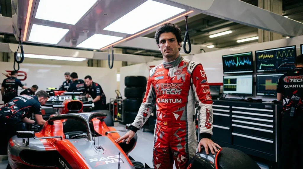 Pilote en combinaison rouge posant devant monoplace en garage