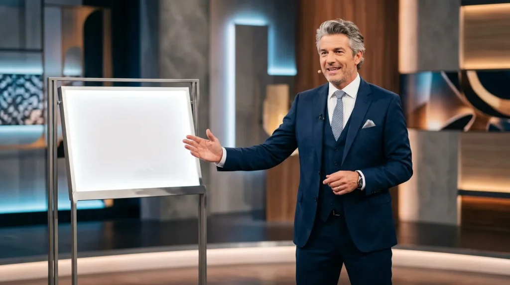 Homme en costume bleu présentant devant écran blanc vierge
