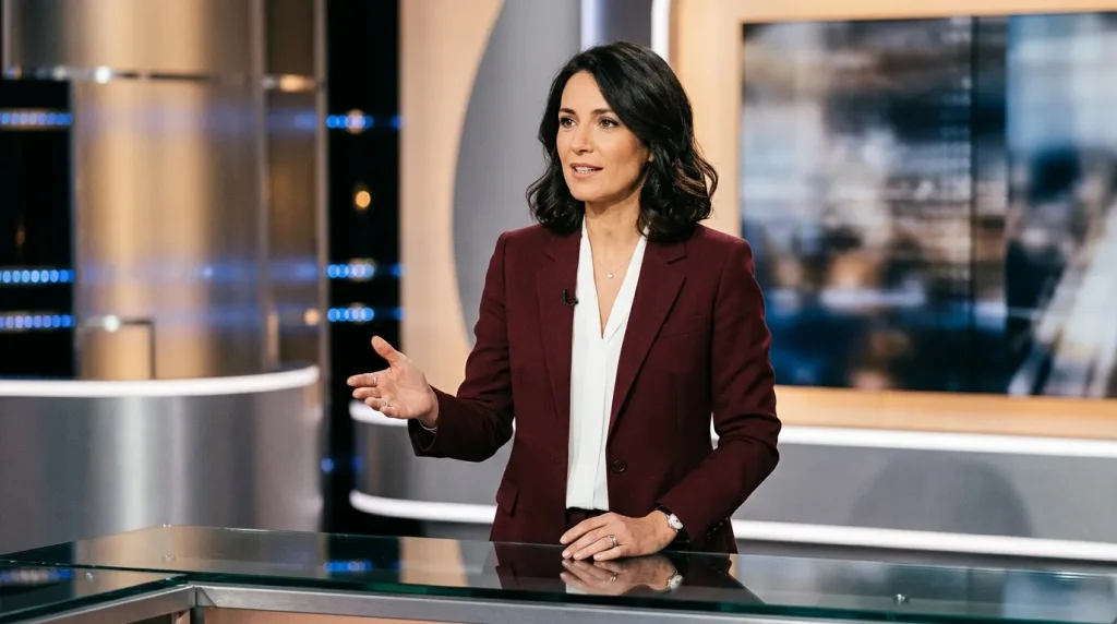 Femme en blazer bordeaux parlant en studio TV professionnel
