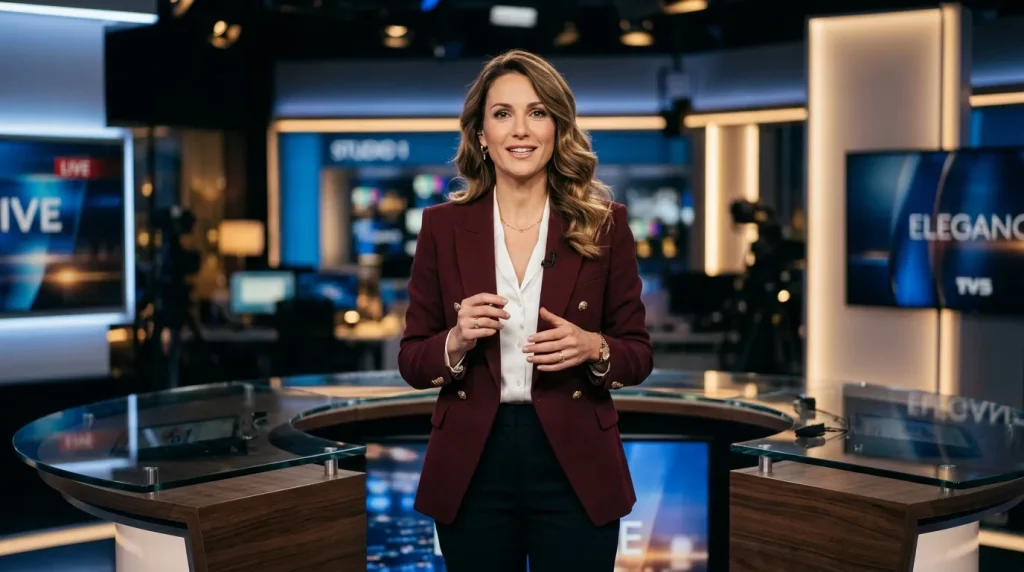 Femme journaliste en blazer bordeaux présentant les actualités