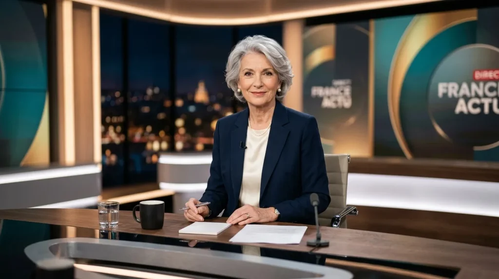 Femme journaliste aux cheveux gris en costume noir en studio
