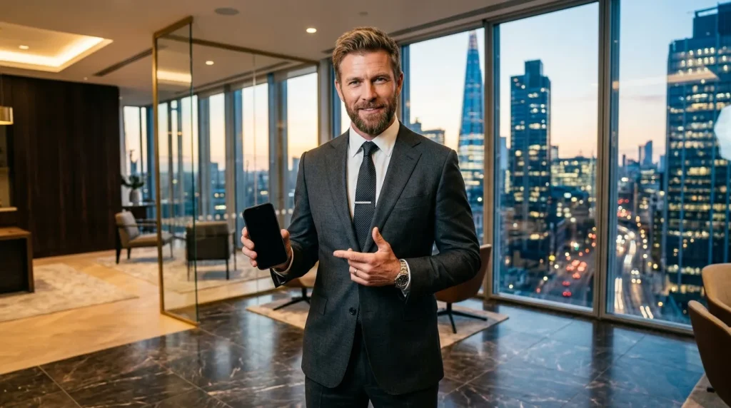 Homme d'affaires en costume montrant smartphone dans bureau moderne