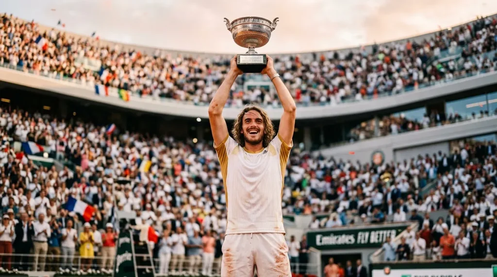 Joueur de tennis levant le trophée en stade rempli