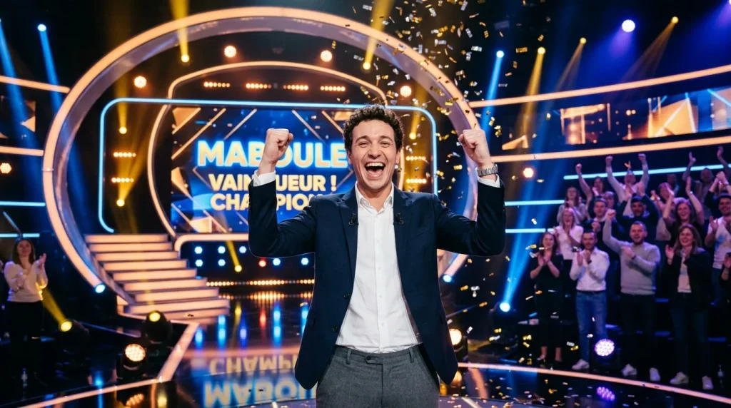 Homme célèbre sa victoire sur un plateau de télévision illuminé
