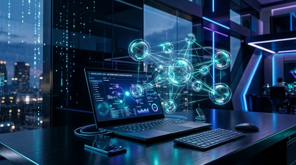 Laptop affichant analyse réseau avec globe holographique interconnecté