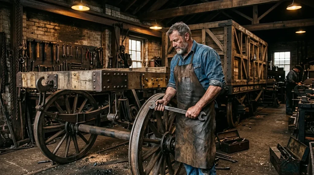 Forgeron en tablier travaillant une roue de chariot ancien en atelier