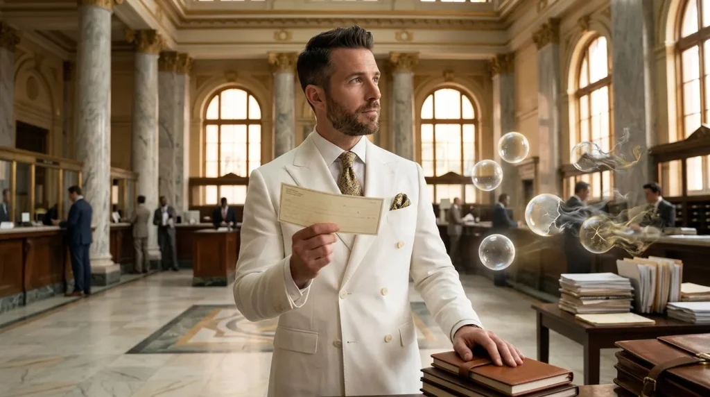 Homme en costume blanc tenant un document dans un tribunal majestueux