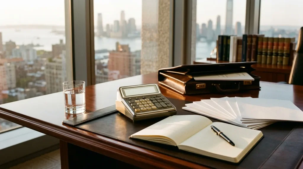 Bureau professionnel avec calculatrice, carnets et vue sur gratte-ciel