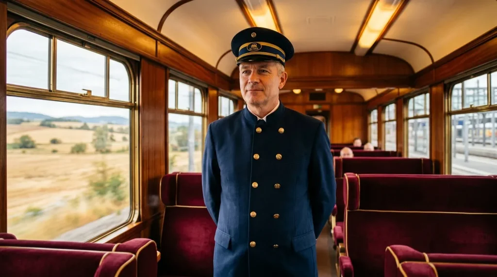 Conducteur en uniforme bleu dans train de luxe vintage