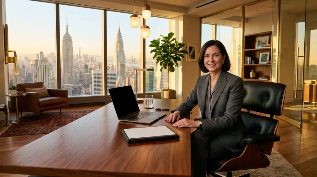 Femme d'affaires souriante au bureau avec vue Manhattan