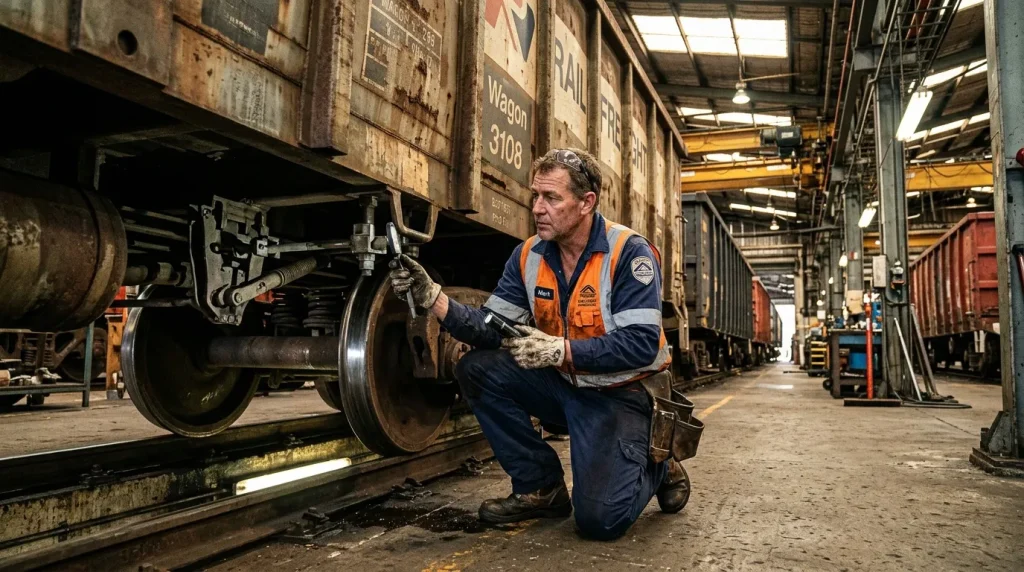Ouvrier inspecte les roues d'un wagon de train.