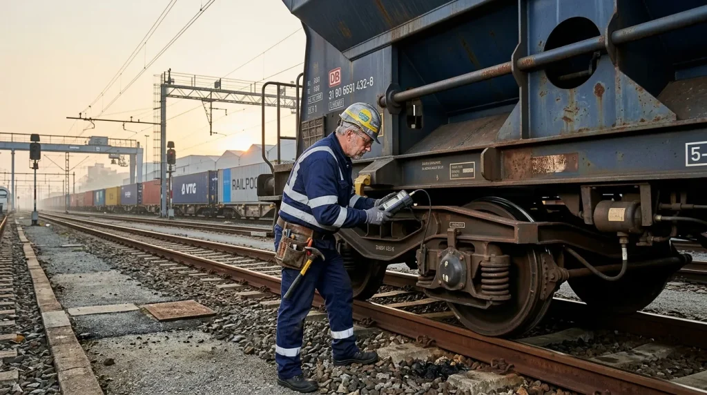 Ouvrier en gilet de sécurité inspectant wagon de train