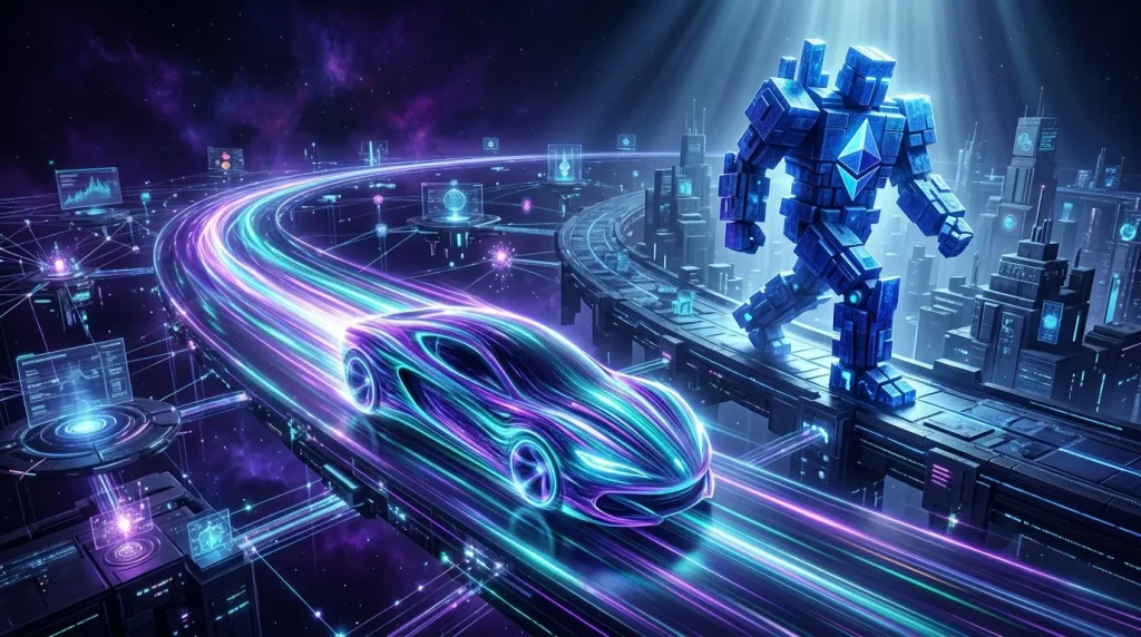 Voiture néon et robot dans ville technologique brillante