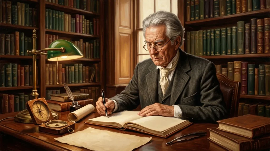 Homme âgé écrivant à son bureau dans une bibliothèque classique