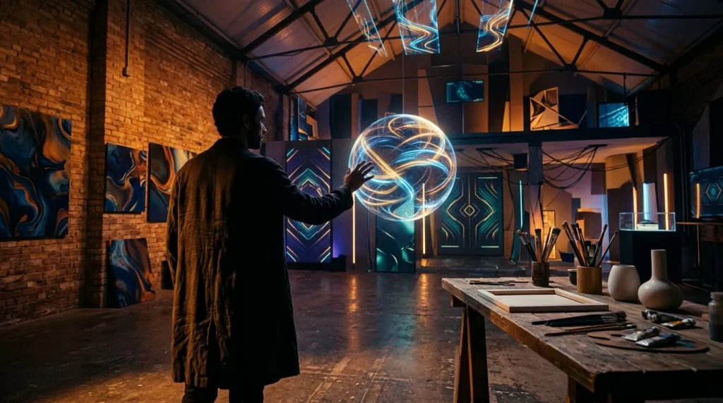 Homme dans un atelier manipulant une sphère lumineuse bleue