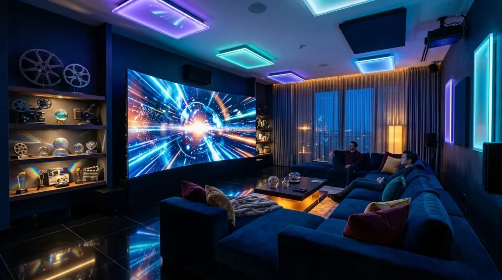 Salle de cinéma privée avec écran géant, néons bleus et violet, mobilier moderne