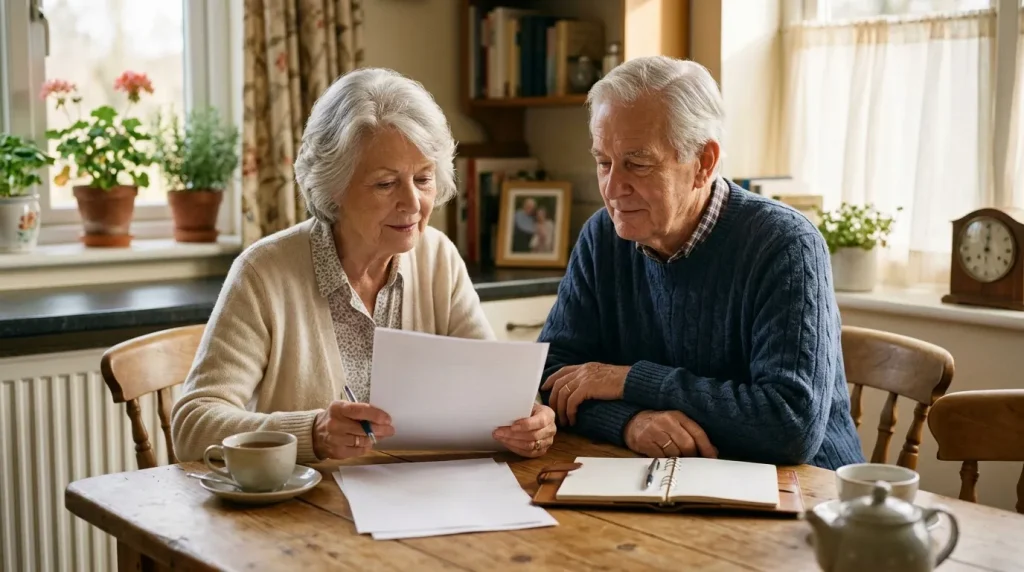 Deux personnes âgées regardent un papier à table