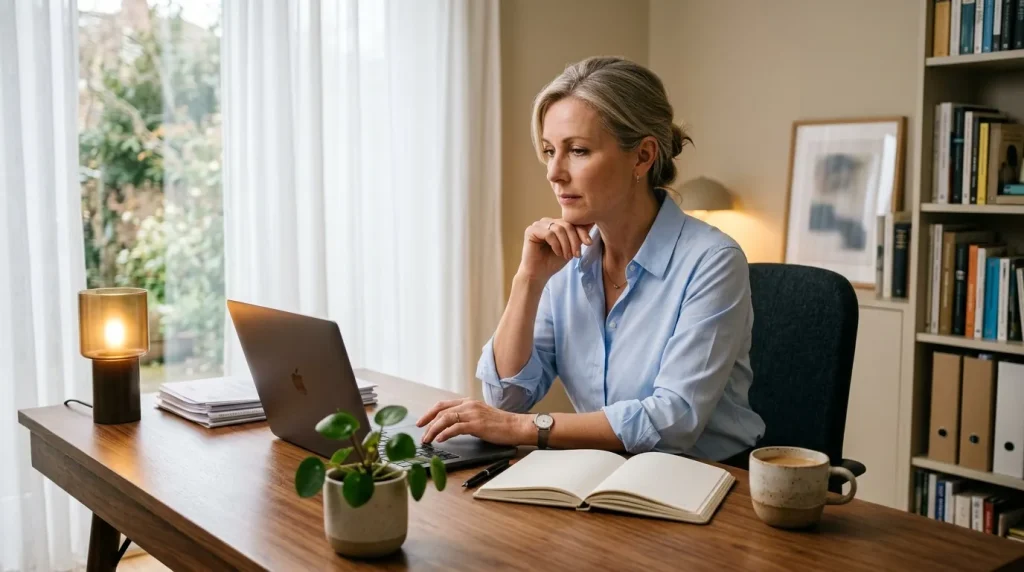 Femme réfléchie devant son ordinateur portable au bureau