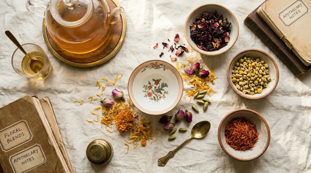 Composition plate avec herbes séchées, fleurs et théière