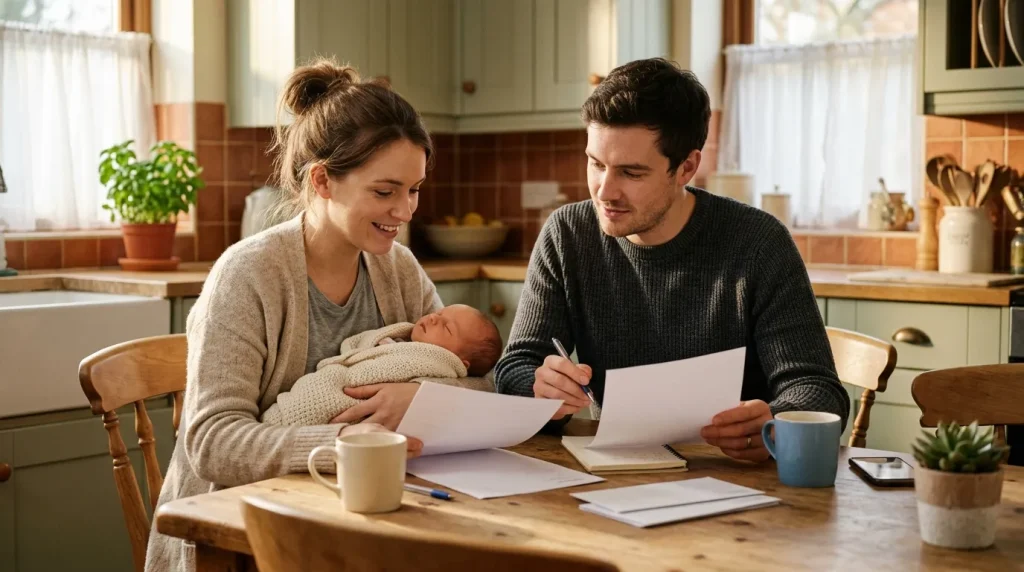 Couple examine documents avec nouveau-né à table cuisine