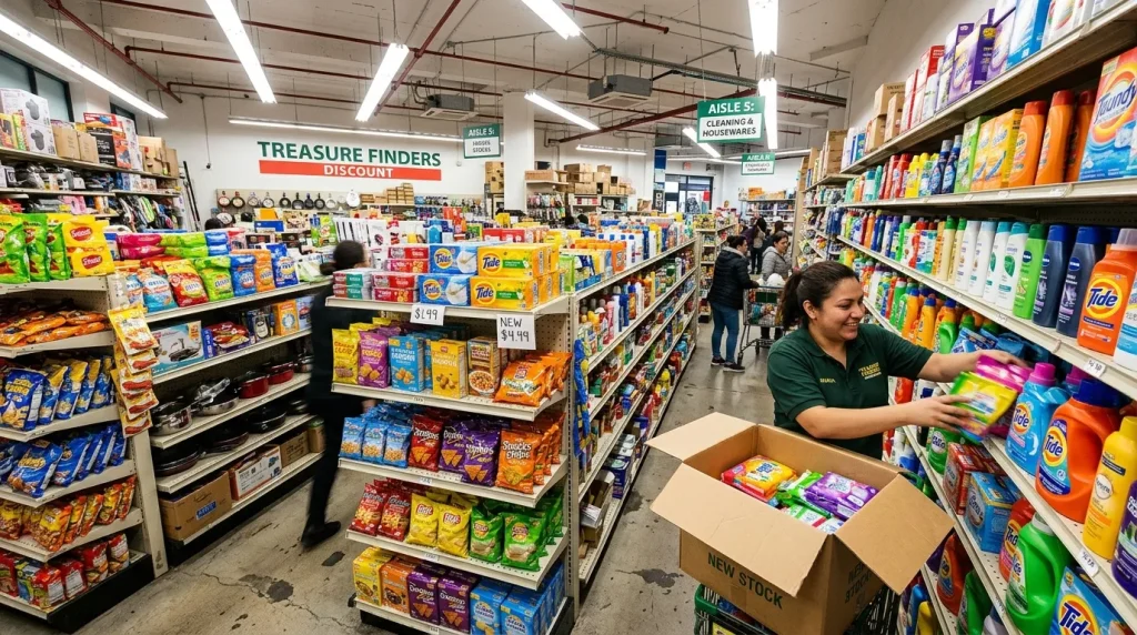 Employée réapprovisionne rayons produits nettoyage et alimentation