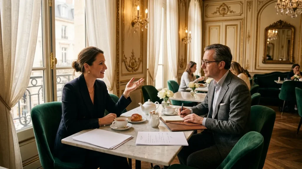 Deux professionnels discutent autour d'un café dans un cadre luxueux